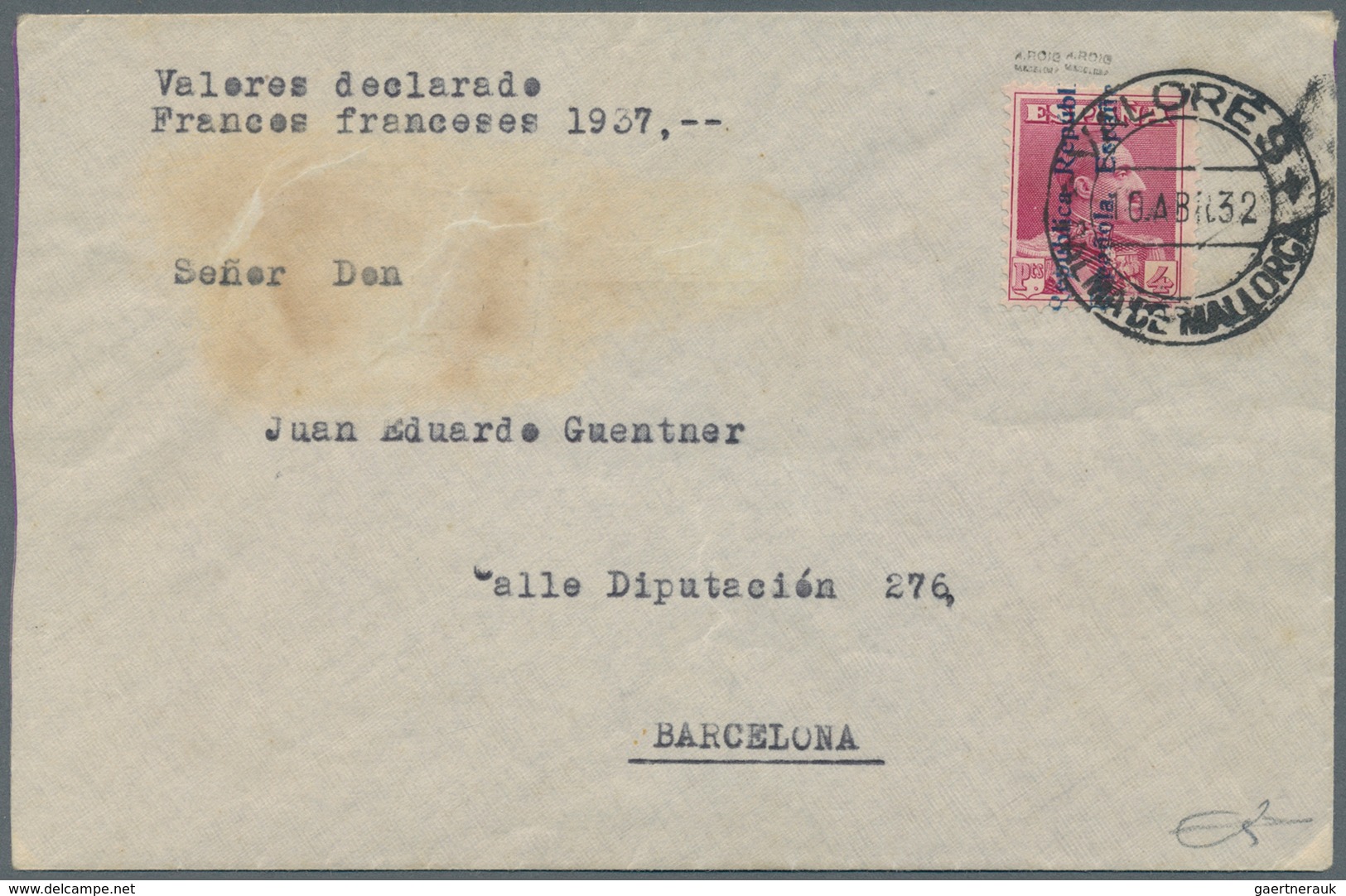 Spanien: 1931, 4pts. Carmine-violet With Sheet Numbering "A005.533", Single Franking On Insured Lett - Andere & Zonder Classificatie