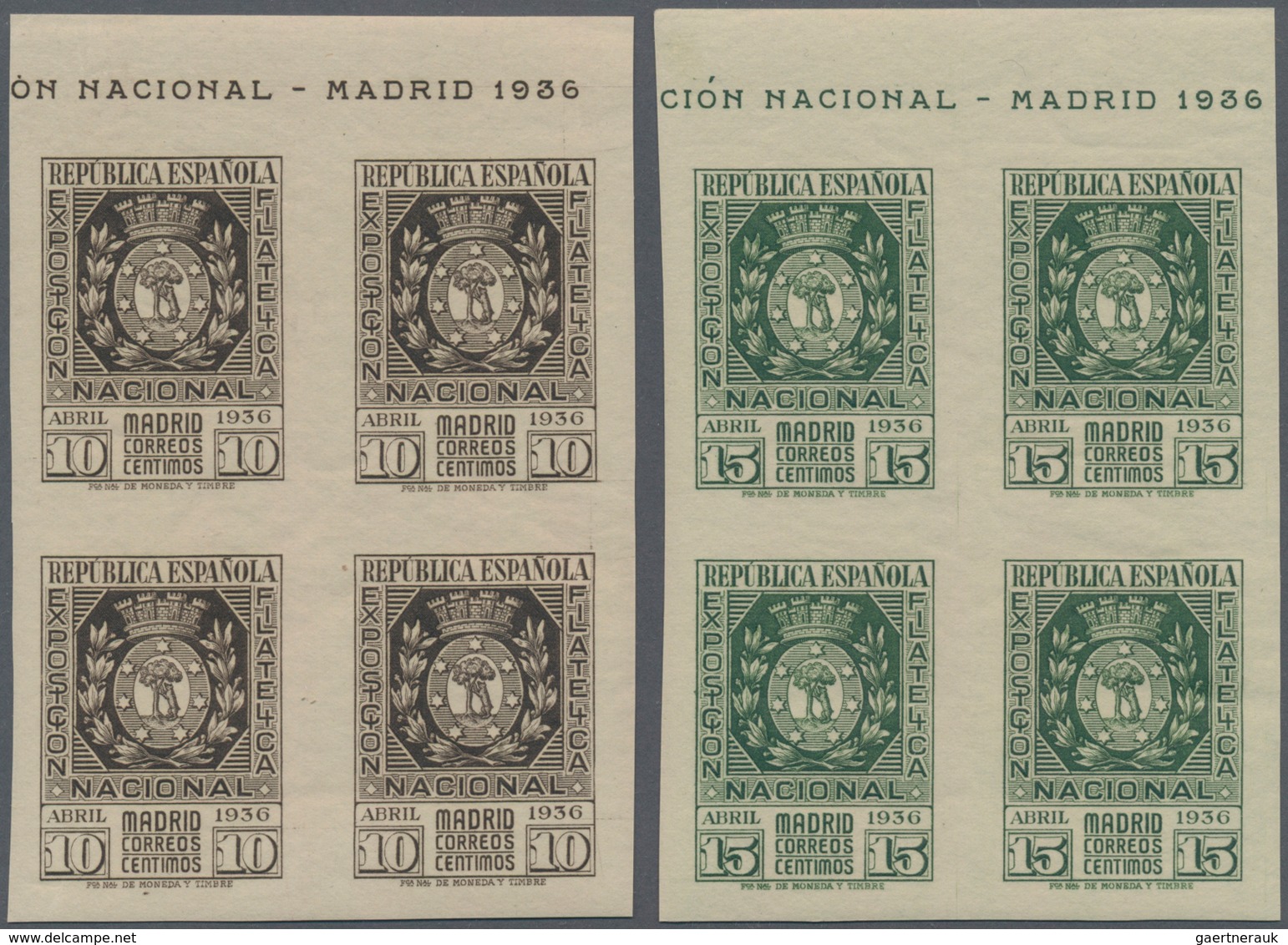 Spanien: 1936, National Stamp Exhibition Madrid Two Imperforate Stamps (Coat Of Arms) In Blocks Of F - Andere & Zonder Classificatie