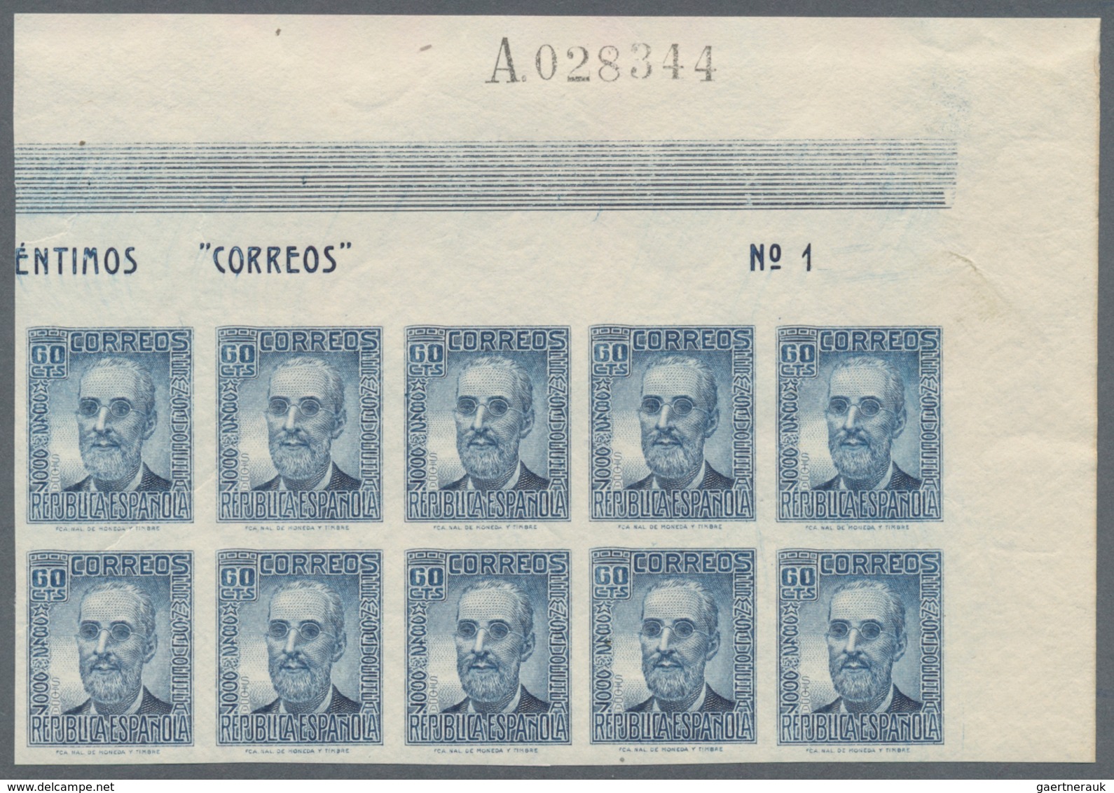 Spanien: 1937, Fermin Salvochea Y Alvarez 60c. Blue Three IMPERFORATE Blocks Of Ten From Upper Right - Andere & Zonder Classificatie