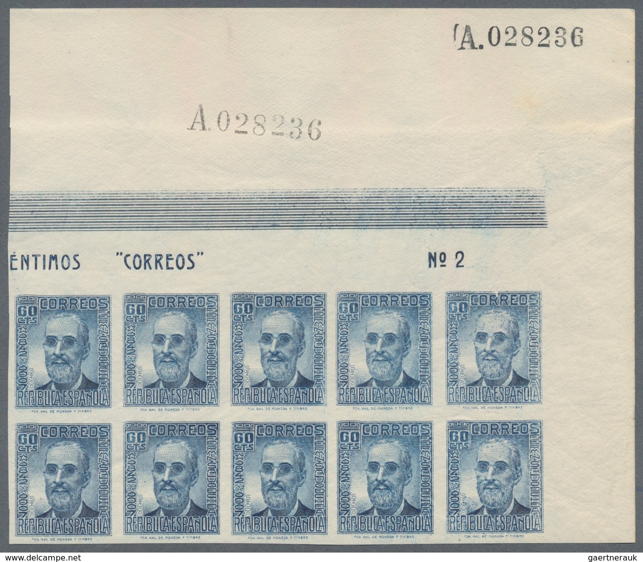 Spanien: 1937, Fermin Salvochea Y Alvarez 60c. Blue Three IMPERFORATE Blocks Of Ten From Upper Right - Andere & Zonder Classificatie