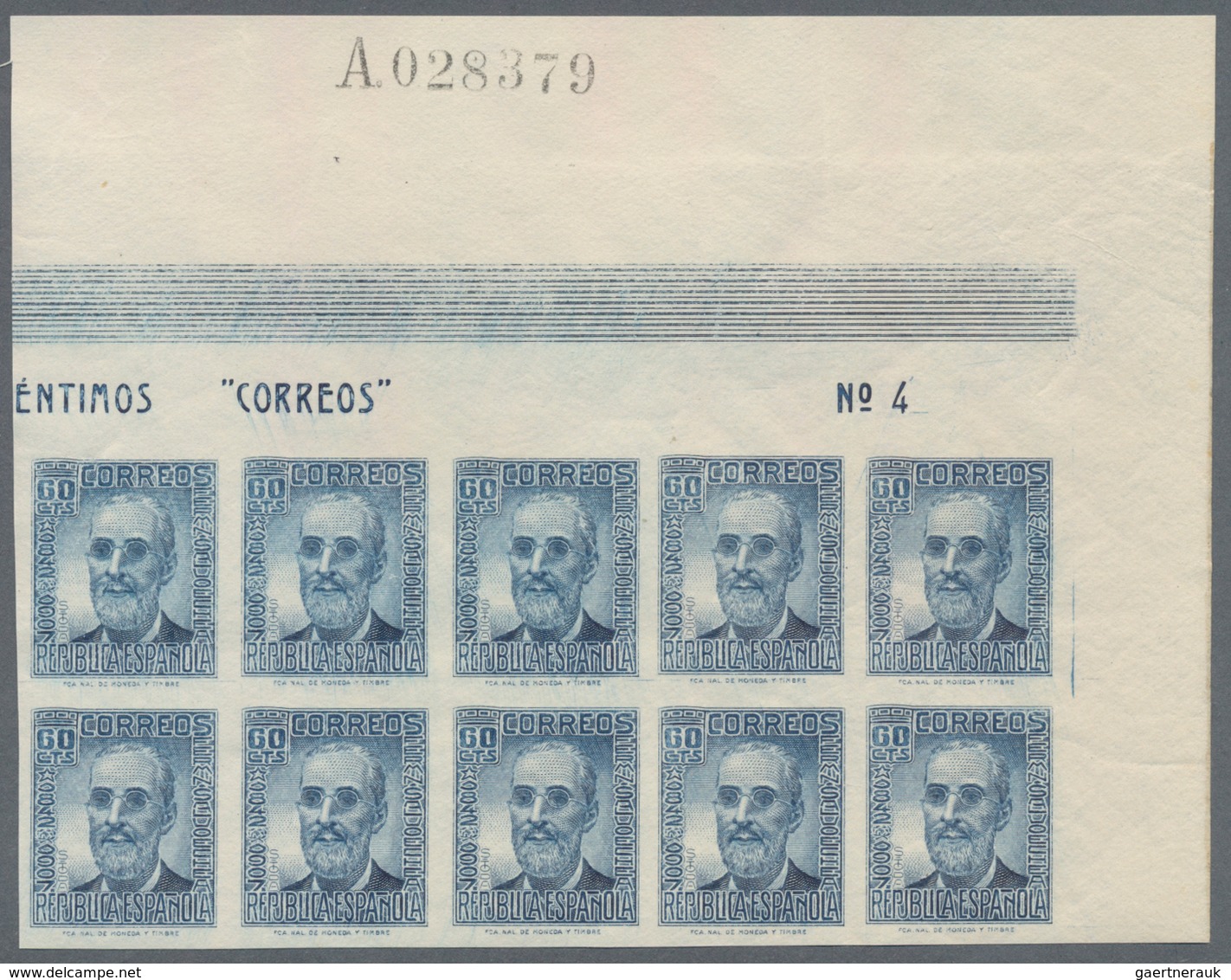 Spanien: 1937, Fermin Salvochea Y Alvarez 60c. Blue Three IMPERFORATE Blocks Of Ten From Upper Right - Andere & Zonder Classificatie