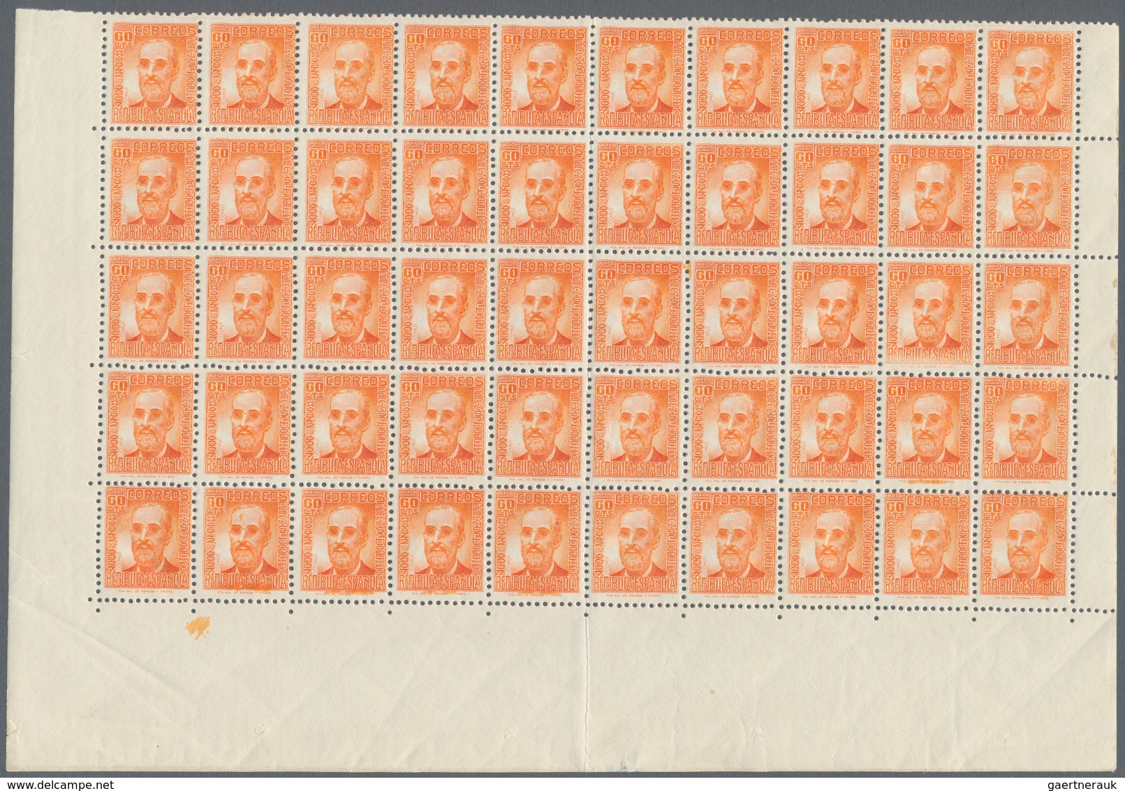 Spanien: 1938, Fermin Salvochea Y Alvarez 60c. Orange Folded Half Sheet With 50 Stamps From Lower Ma - Andere & Zonder Classificatie