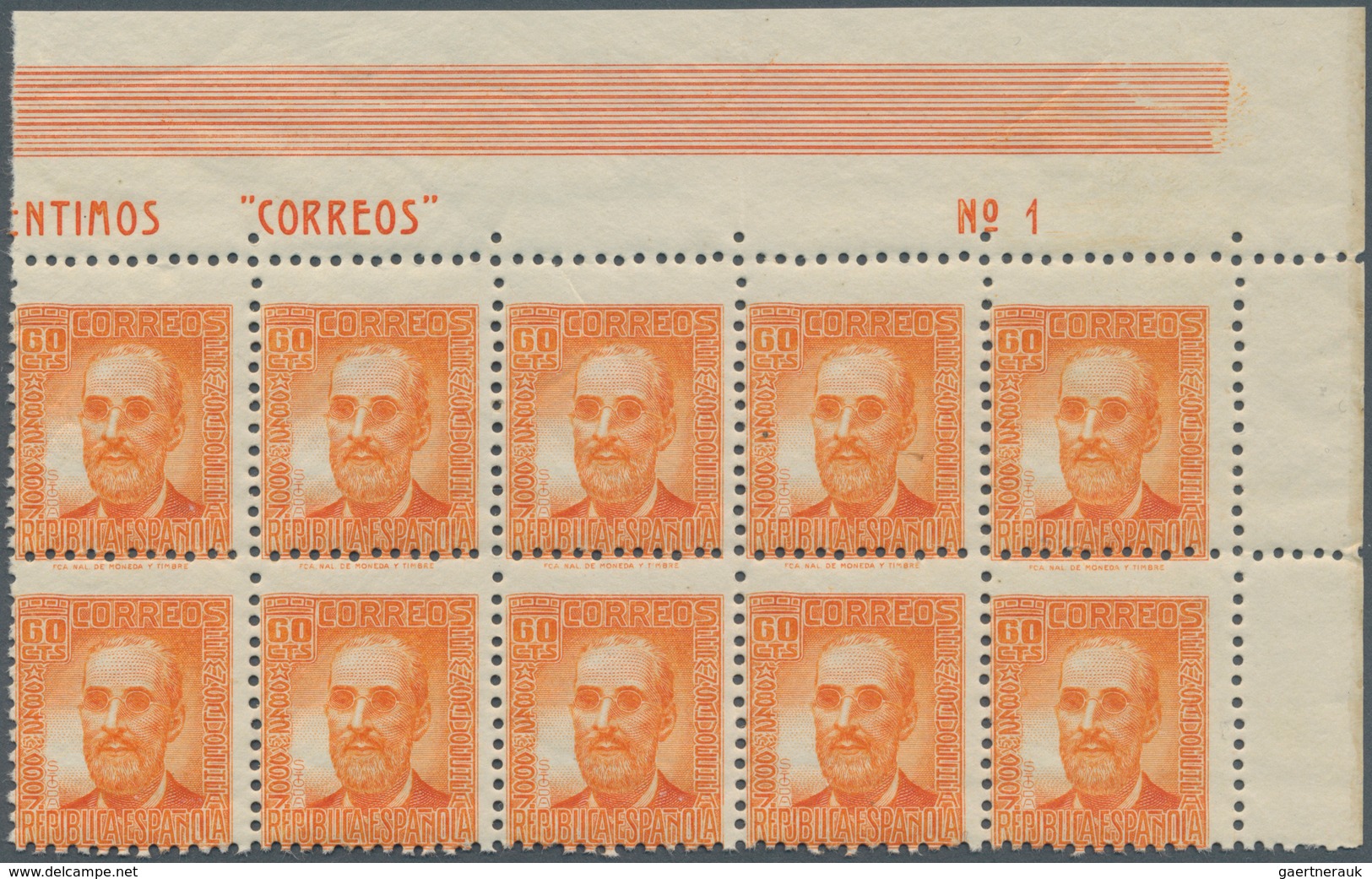 Spanien: 1938, Fermin Salvochea Y Alvarez 60c. Orange Four Blocks Of Ten From Upper Right Corners Wi - Andere & Zonder Classificatie