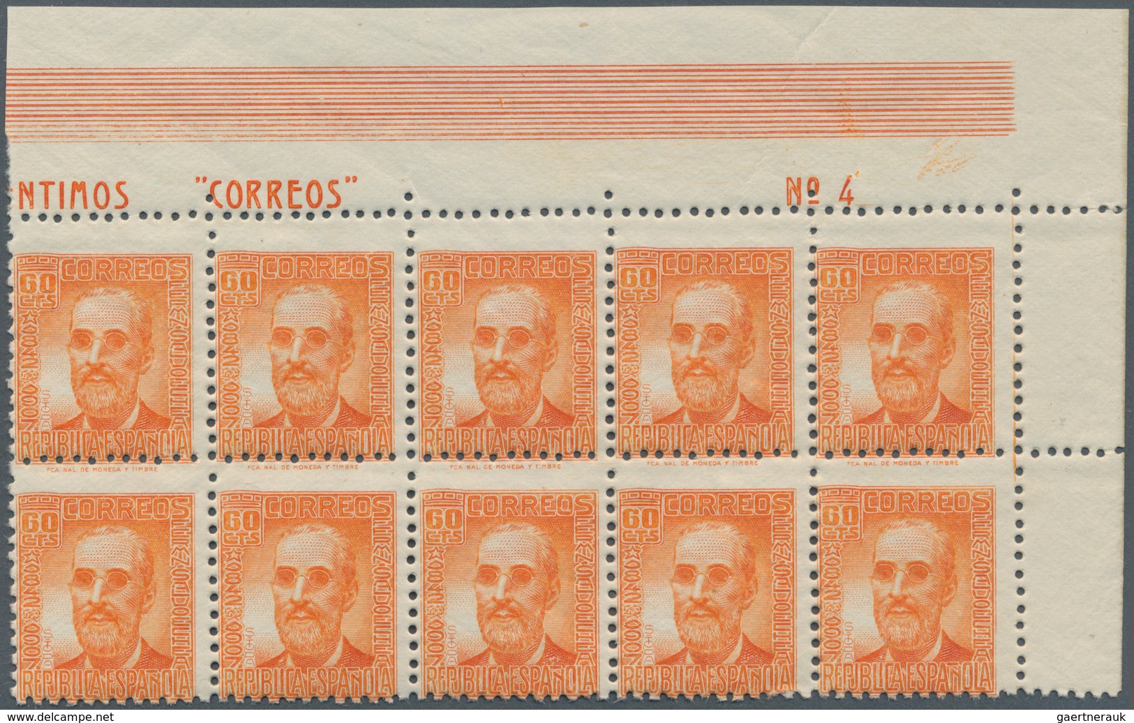 Spanien: 1938, Fermin Salvochea y Alvarez 60c. orange four blocks of ten from upper right corners wi