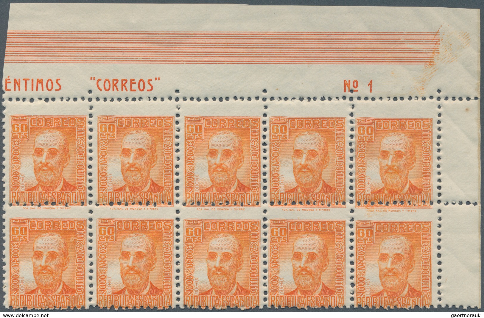 Spanien: 1938, Fermin Salvochea Y Alvarez 60c. Orange Four Blocks Of Ten From Upper Right Corners Wi - Other & Unclassified