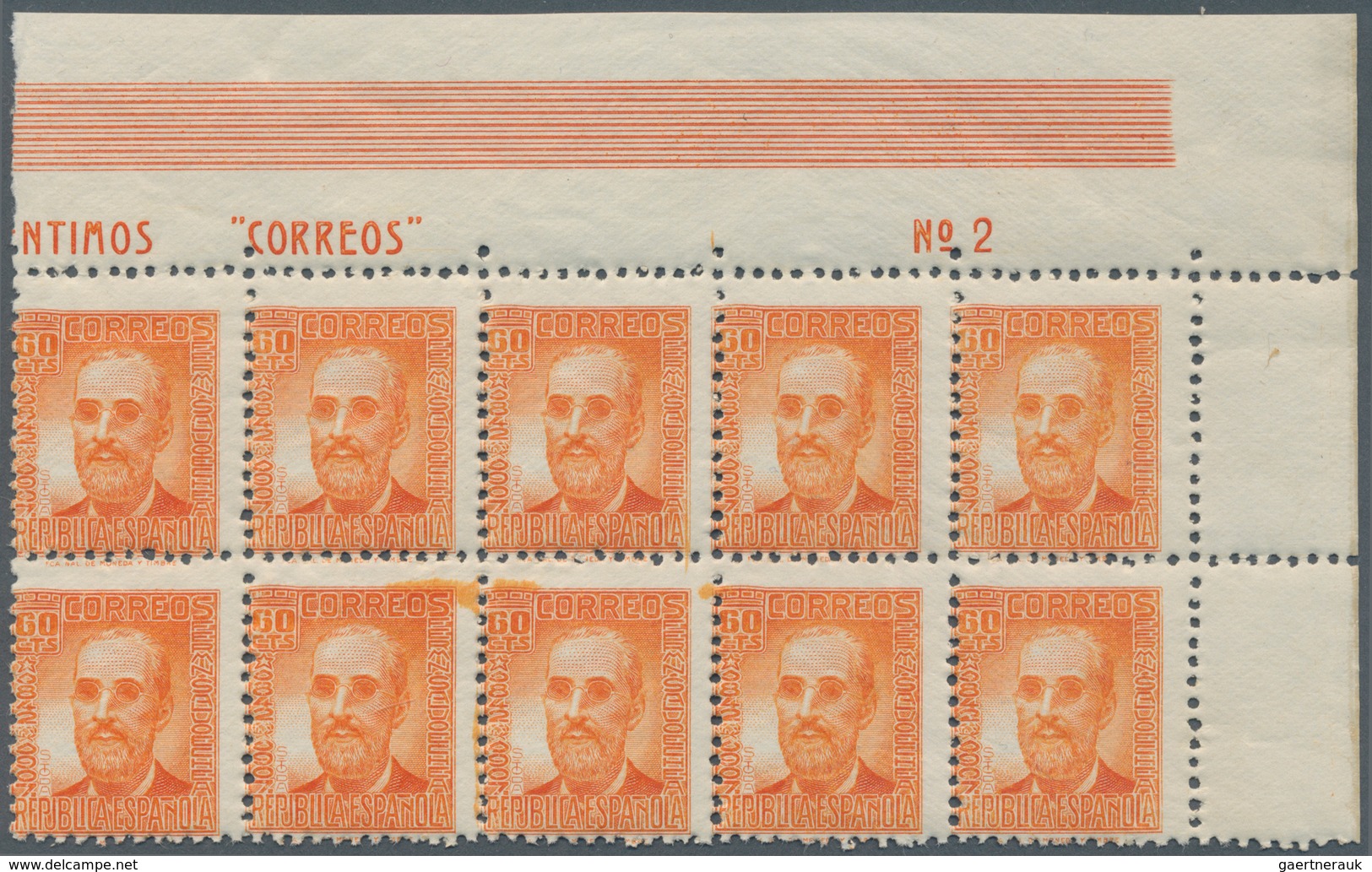 Spanien: 1938, Fermin Salvochea Y Alvarez 60c. Orange Four Blocks Of Ten From Upper Right Corners Wi - Andere & Zonder Classificatie