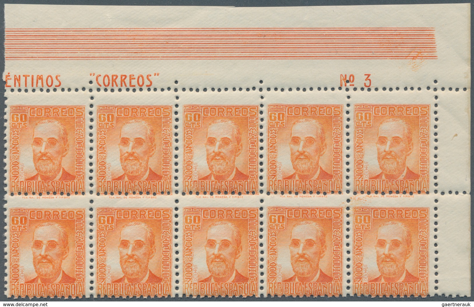 Spanien: 1938, Fermin Salvochea Y Alvarez 60c. Orange Four Blocks Of Ten From Upper Right Corners Wi - Andere & Zonder Classificatie