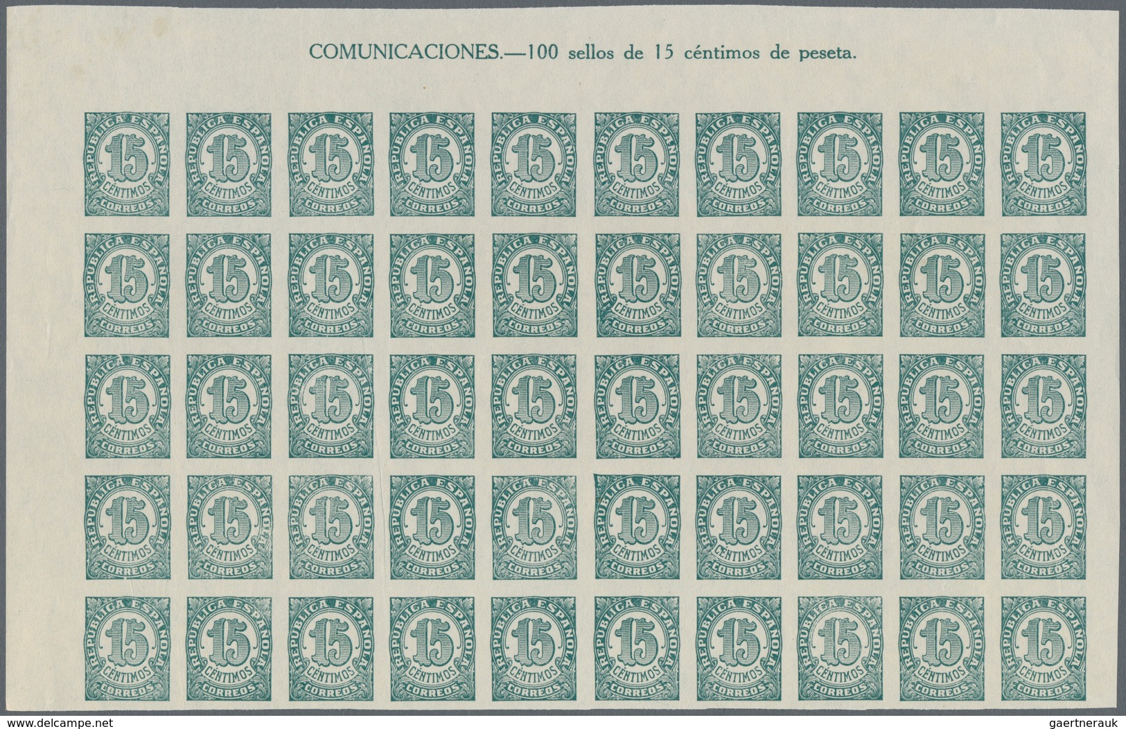 Spanien: 1938, Numeral Definitive 15c. Blue-green On White Paper IMPERFORATE Half Sheet (50 Stamps) - Other & Unclassified