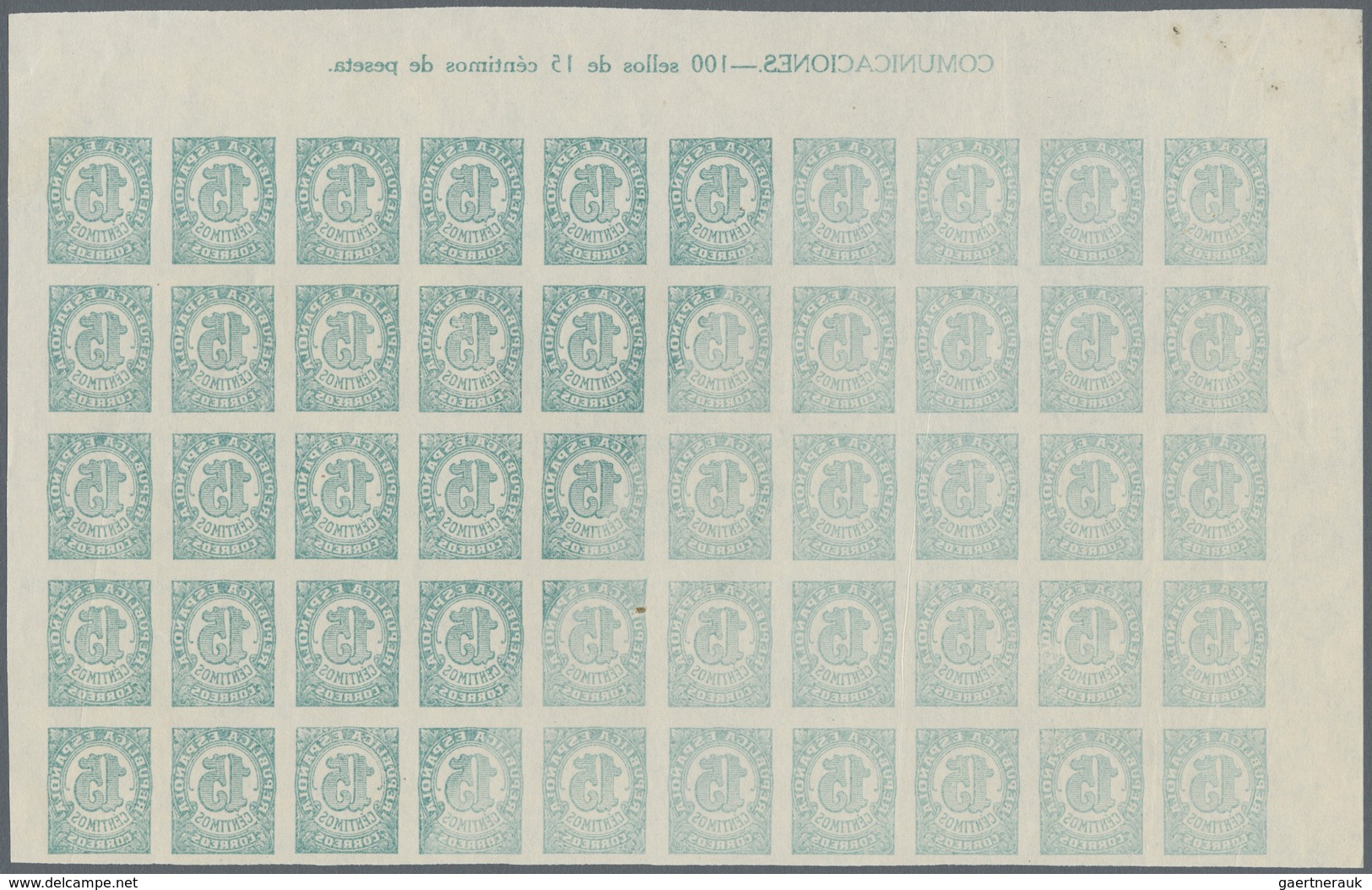 Spanien: 1938, Numeral Definitive 15c. Blue-green On White Paper IMPERFORATE Half Sheet (50 Stamps) - Andere & Zonder Classificatie