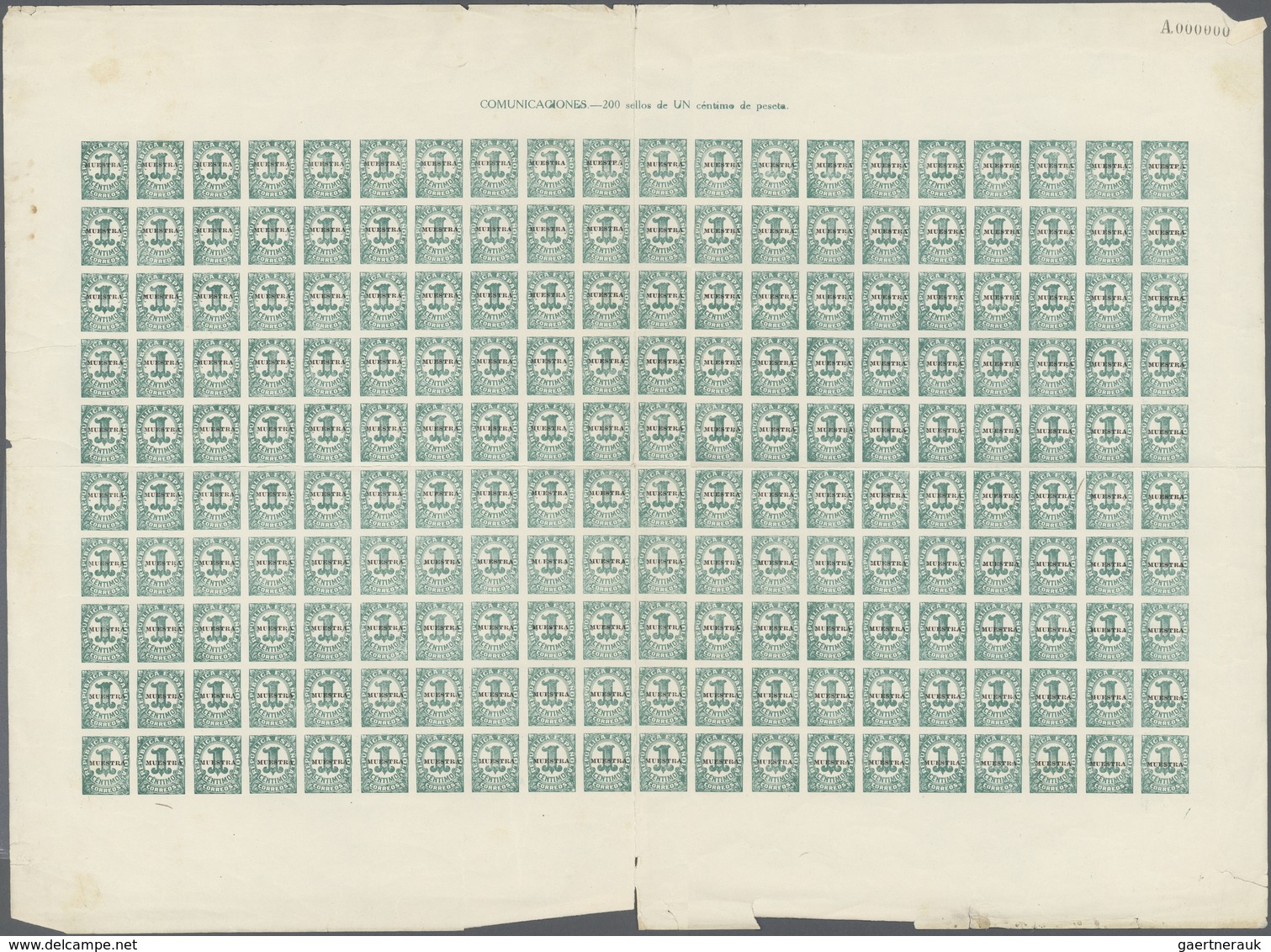 Spanien: 1936, 1c. Bluish Green With "MUESTRA" Overprint, Complete Sheet Of 200 Stamps (heavily Fold - Other & Unclassified