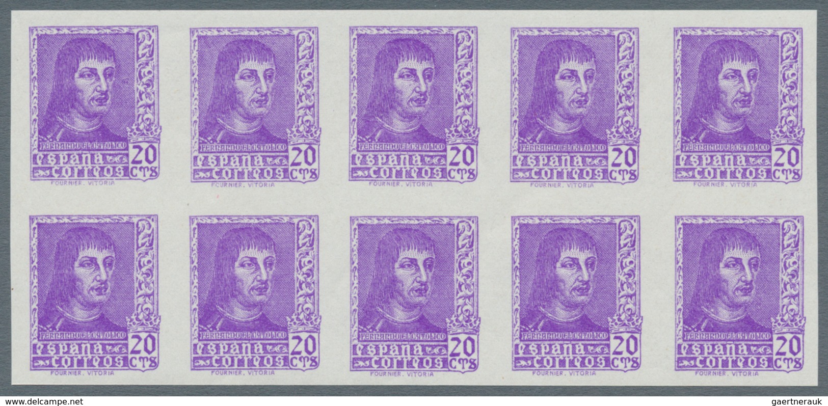 Spanien: 1938, Ferdinand II. complete set of six (incl. diff. imprints of 15c. and 30c.) in IMPERFOR