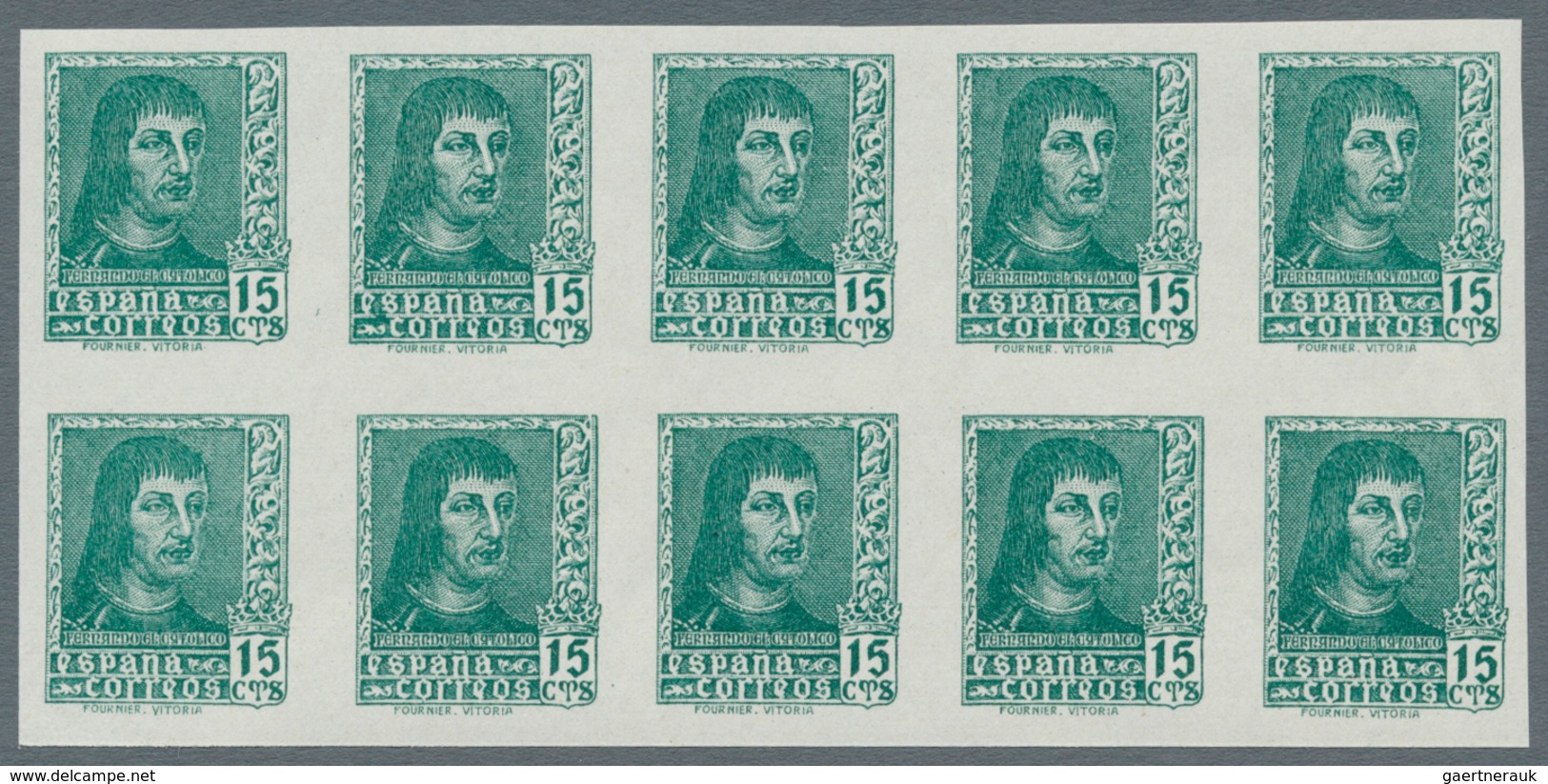 Spanien: 1938, Ferdinand II. complete set of six (incl. diff. imprints of 15c. and 30c.) in IMPERFOR