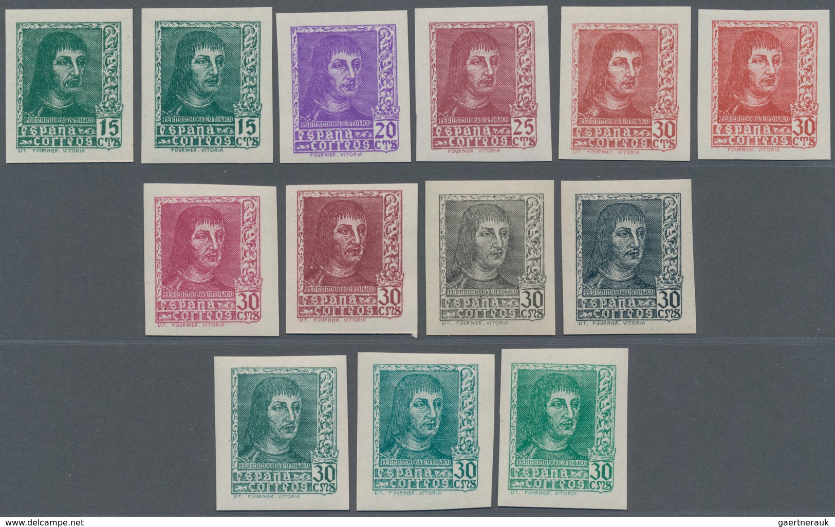 Spanien: 1938, Ferdinand II. Complete Set Of Six IMPERFORATE Stamps Incl. The Diff. Imprints Of 15c. - Andere & Zonder Classificatie