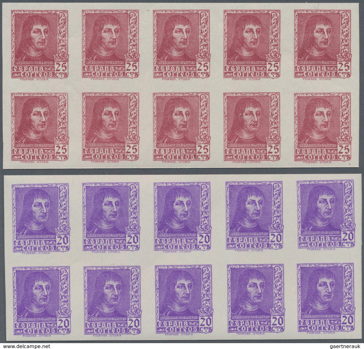 Spanien: 1938, Ferdinand II. Five Different Stamps Incl. Diff. Imprints Of 30c. In IMPERFORATE Block - Andere & Zonder Classificatie
