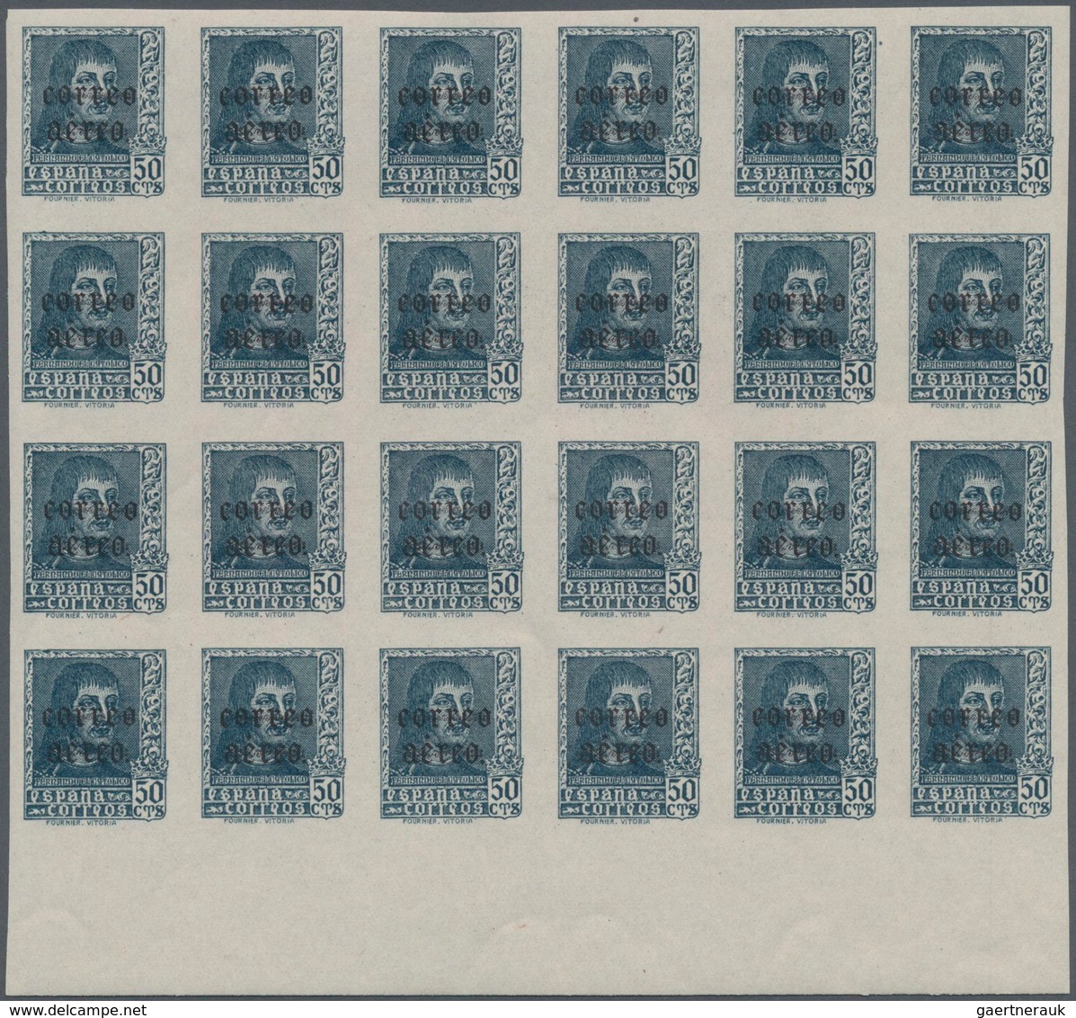 Spanien: 1938, Airmails 50c. Slate And 1pts. Blue, IMPERFORATE Bottom Marginal Blocks Of 24 With BLA - Other & Unclassified