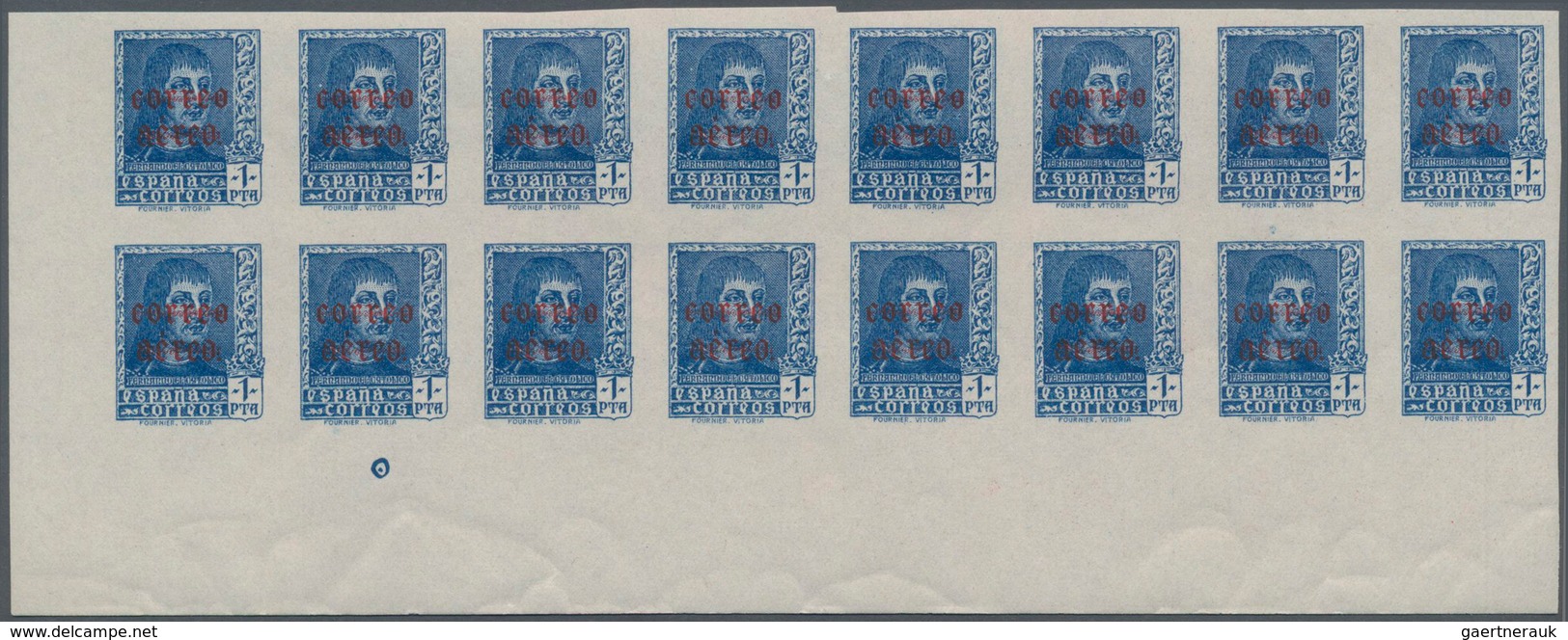 Spanien: 1938, Airmails 50c. Slate And 1pts. Blue, IMPERFORATE Marginal Blocks Of 16 From The Lower - Andere & Zonder Classificatie