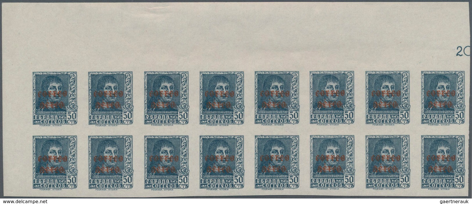 Spanien: 1938, Airmails 50c. Slate And 1pts. Blue, IMPERFORATE Marginal Blocks Of 16 From The Upper - Other & Unclassified