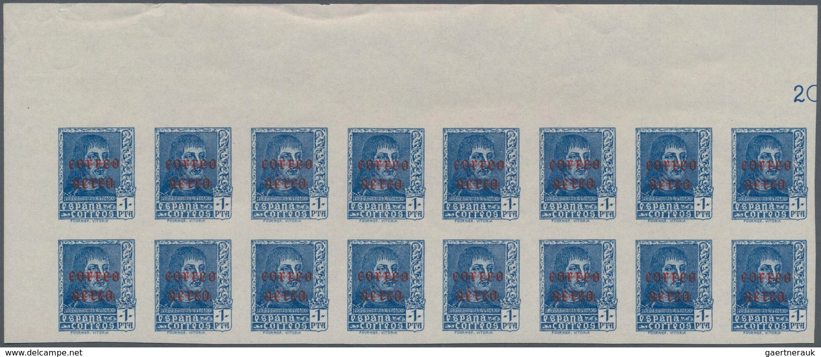 Spanien: 1938, Airmails 50c. Slate And 1pts. Blue, IMPERFORATE Marginal Blocks Of 16 From The Upper - Other & Unclassified