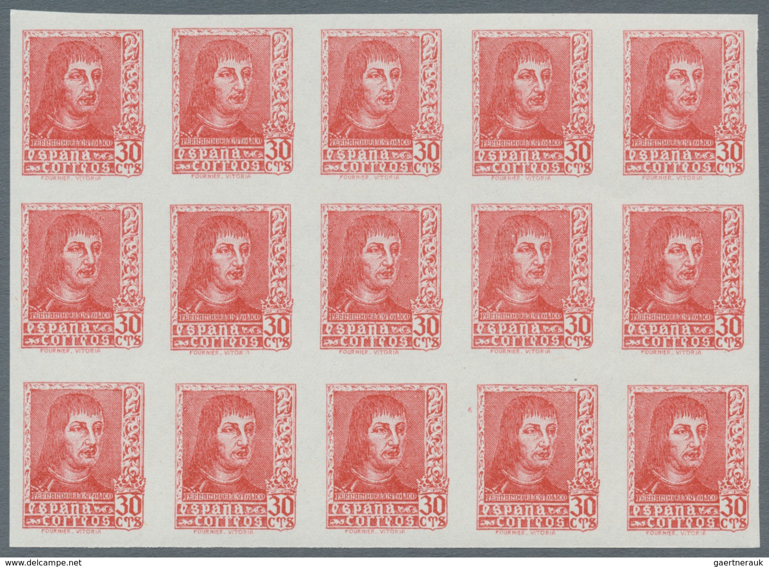 Spanien: 1938, Ferdinand II. Five Different Stamps Incl. Both Imprints Of 30c. In IMPERFORATE Blocks - Other & Unclassified