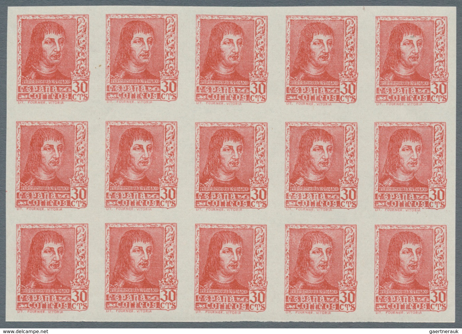 Spanien: 1938, Ferdinand II. Five Different Stamps Incl. Both Imprints Of 30c. In IMPERFORATE Blocks - Other & Unclassified