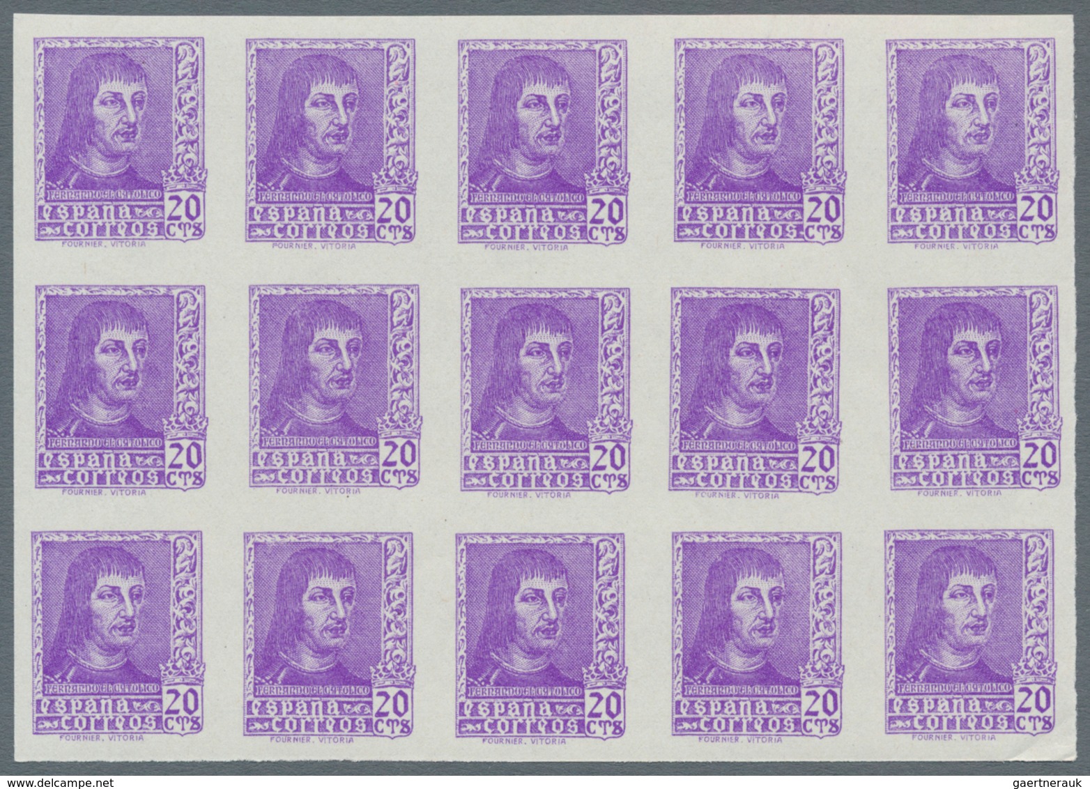 Spanien: 1938, Ferdinand II. five different stamps incl. both imprints of 30c. in IMPERFORATE blocks
