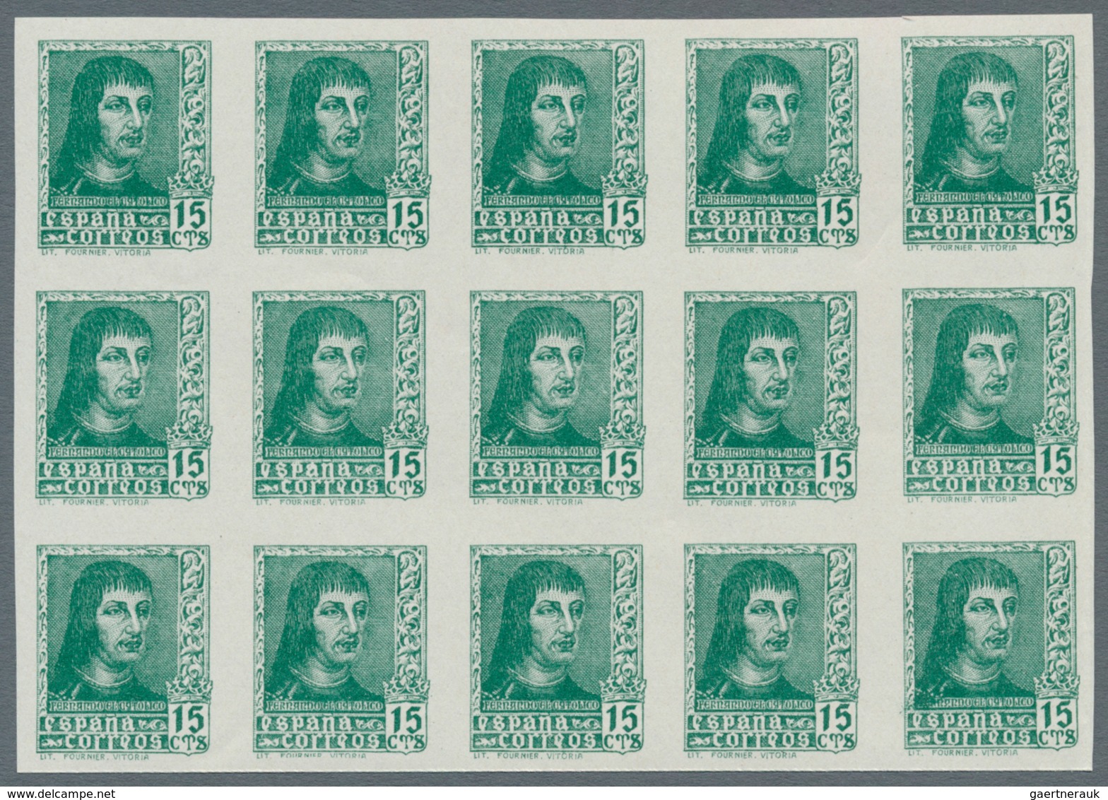 Spanien: 1938, Ferdinand II. five different stamps incl. both imprints of 30c. in IMPERFORATE blocks