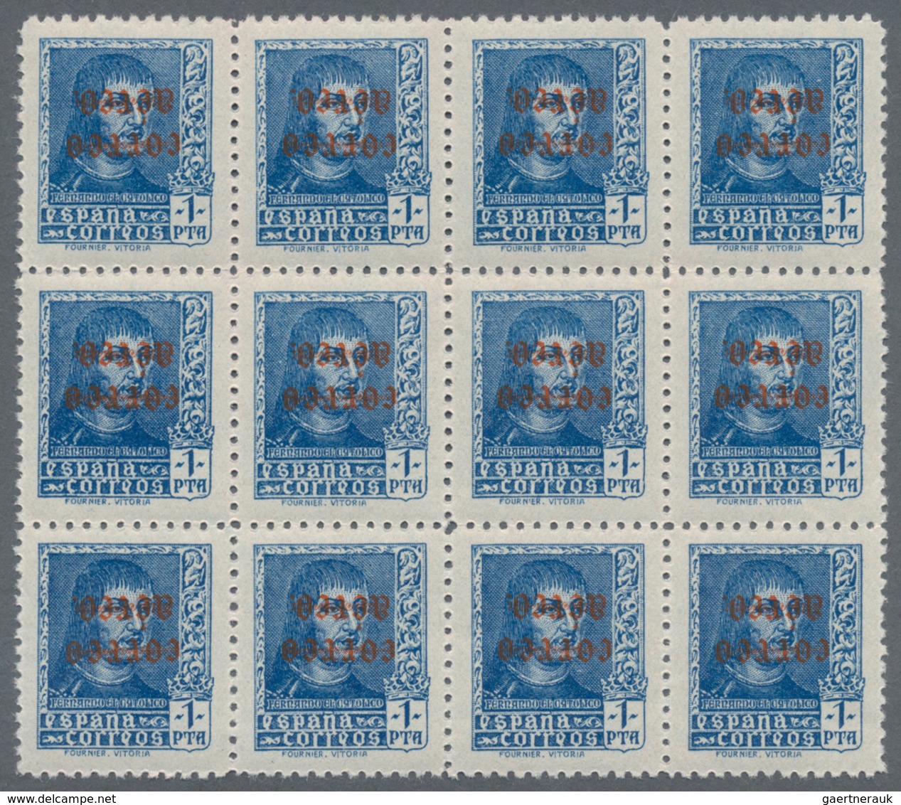 Spanien: 1938, Ferdinand II. Definitive Stamp 1pta. Blue With INVERTED Red Opt. 'correo Aereo' In A - Other & Unclassified
