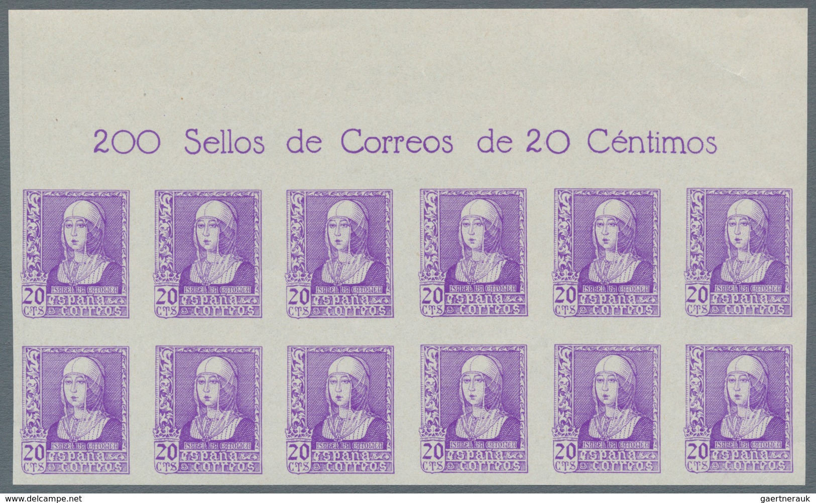 Spanien: 1938/1939, Queen Isabella Definitives Complete Set Of Six In IMPERFORATE Blocks Of Twelve F - Andere & Zonder Classificatie