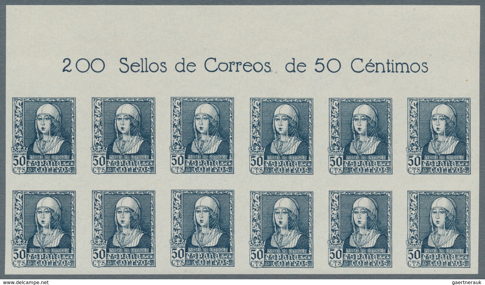 Spanien: 1938/1939, Queen Isabella Definitives Complete Set Of Six In IMPERFORATE Blocks Of Twelve F - Andere & Zonder Classificatie