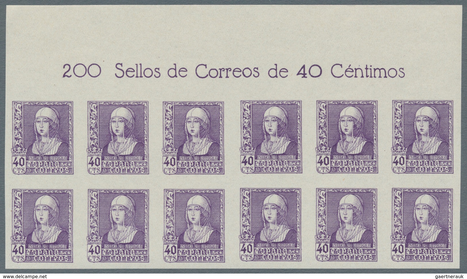 Spanien: 1938/1939, Queen Isabella definitives complete set of six in IMPERFORATE blocks of twelve f