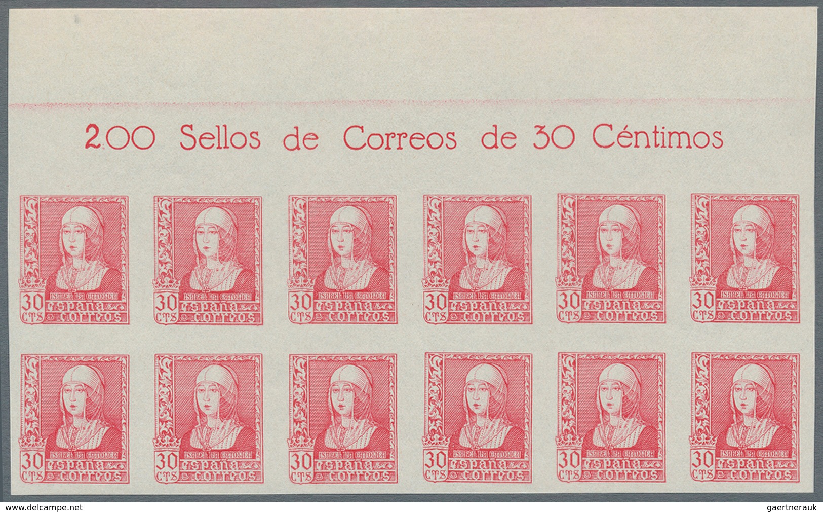 Spanien: 1938/1939, Queen Isabella definitives complete set of six in IMPERFORATE blocks of twelve f