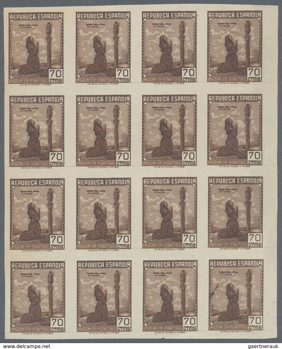 Spanien: 1939, Forces Mail Issue NOT ISSUED 70c. Brown IMPERFORATE Block Of 16, Unused Without Gum A - Andere & Zonder Classificatie