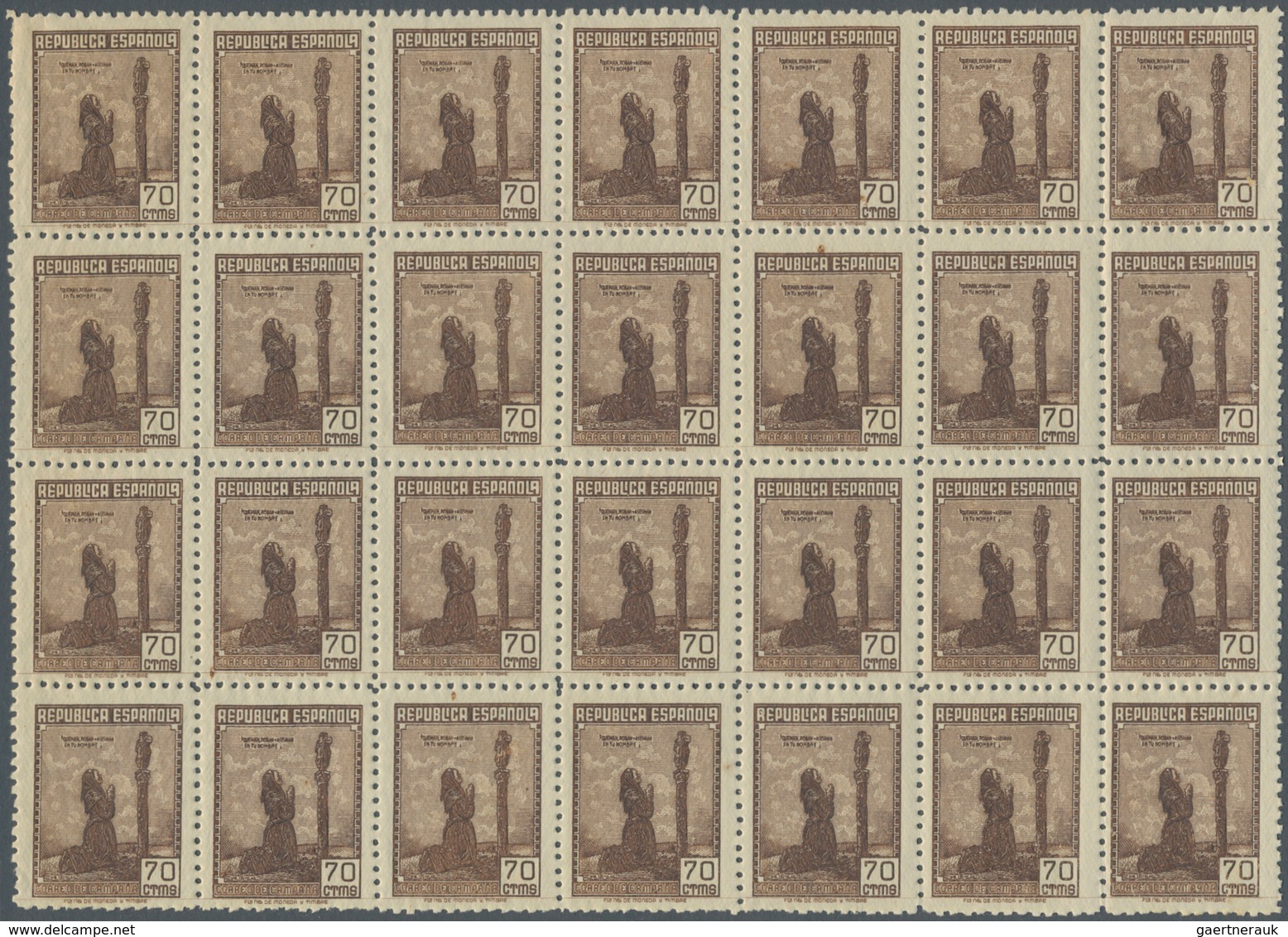 Spanien: 1939, Forces Mail Issue NOT ISSUED 70c. Stamp Showing Female Prayer Block Of 28 Perforated - Andere & Zonder Classificatie