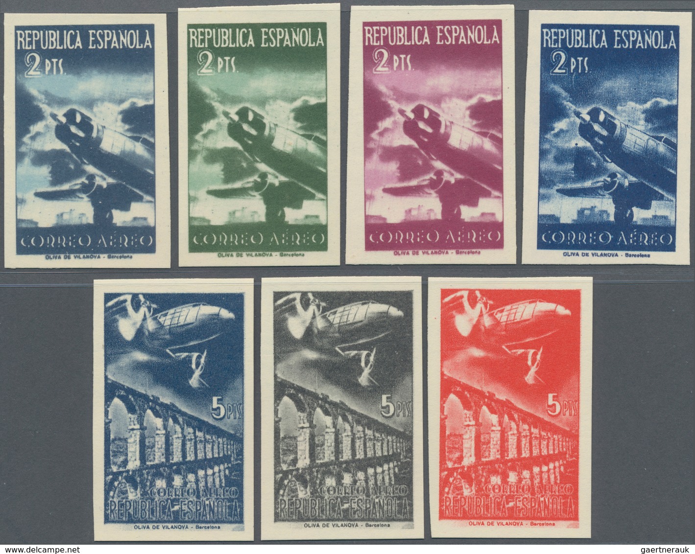 Spanien: 1939, UNISSUED Airmail Stamps With Airplanes 2pta. ‚Ford‘ And 5pta. ‚Douglas DC 2‘ In A Com - Andere & Zonder Classificatie