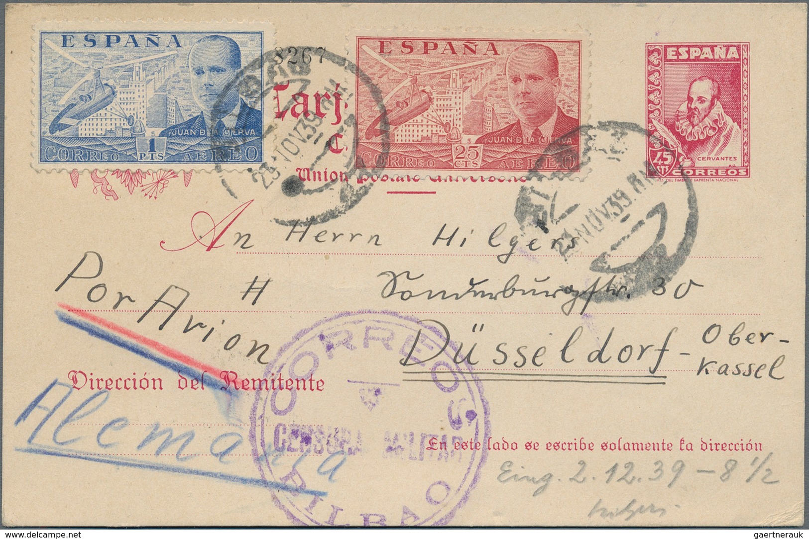 Spanien: 1939, 25 C Carmine And 1 Pta. Blue Interesting Additional Franking On 25 C Red Postal Stati - Andere & Zonder Classificatie