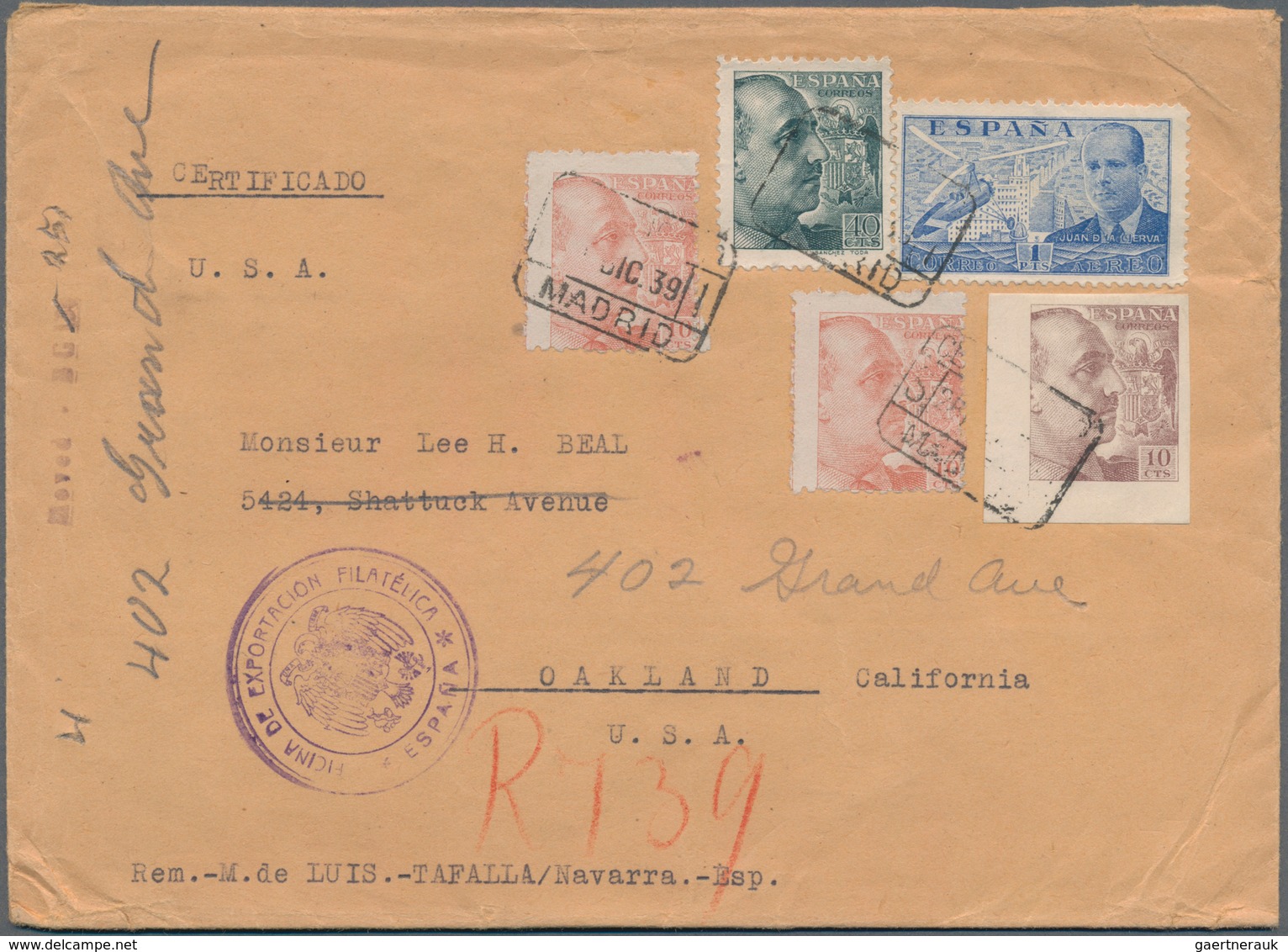 Spanien: 1939 Registered Cover From Madrid To Oakland With Very Good Franking From I.a. 10 Cts. Brow - Andere & Zonder Classificatie