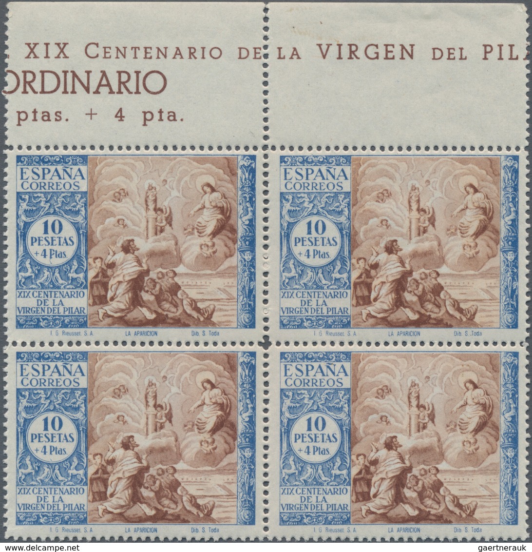 Spanien: 1940, Virgen De Pilar, 10pts.+4pts. Blue/brown, Top Marginal Block Of Four (vertically Slig - Andere & Zonder Classificatie