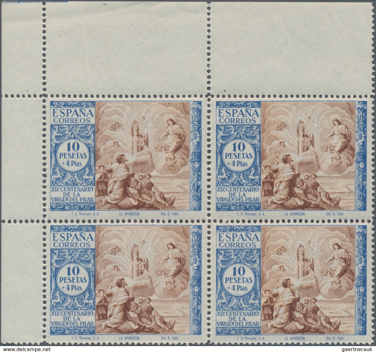 Spanien: 1940, Virgen De Pilar, 10pts.+4pts. Blue/brown, Marginal Block Of Four From The Upper Left - Andere & Zonder Classificatie