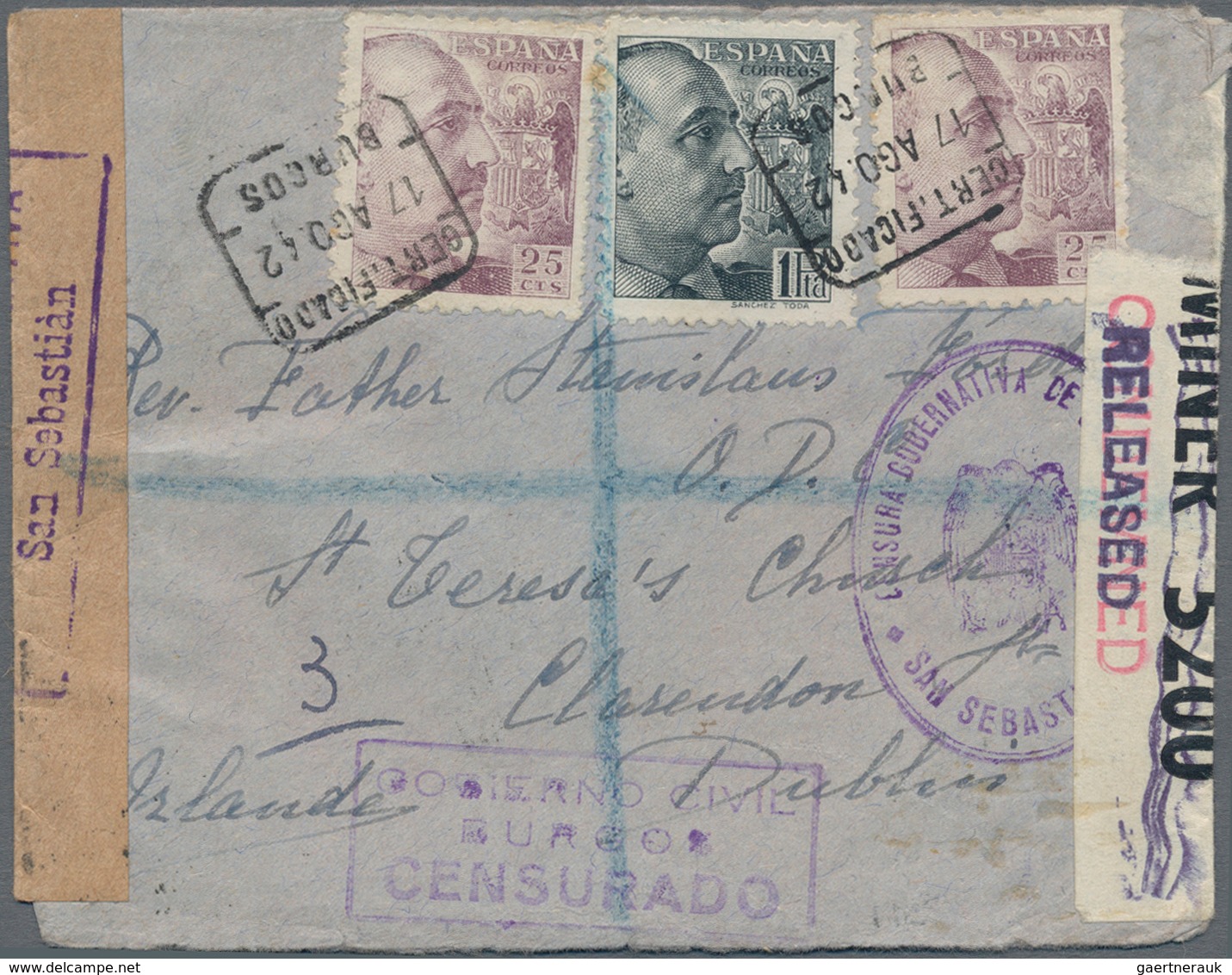 Spanien: 1942, Letter From BURGOS Via San Sebastian And Madrid To DUBLIN/Scotland With Spanish And E - Andere & Zonder Classificatie