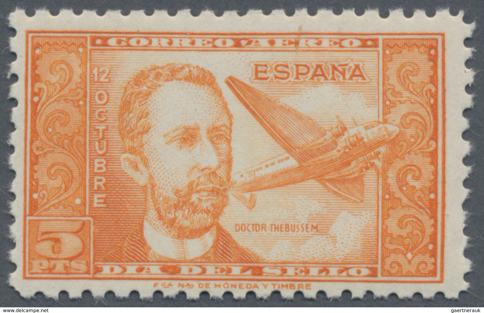 Spanien: 1944, Airmail Stamp 5pts. "Dr.Thebussem", Colour Essay "orange", Unmounted Mint. Certificat - Andere & Zonder Classificatie