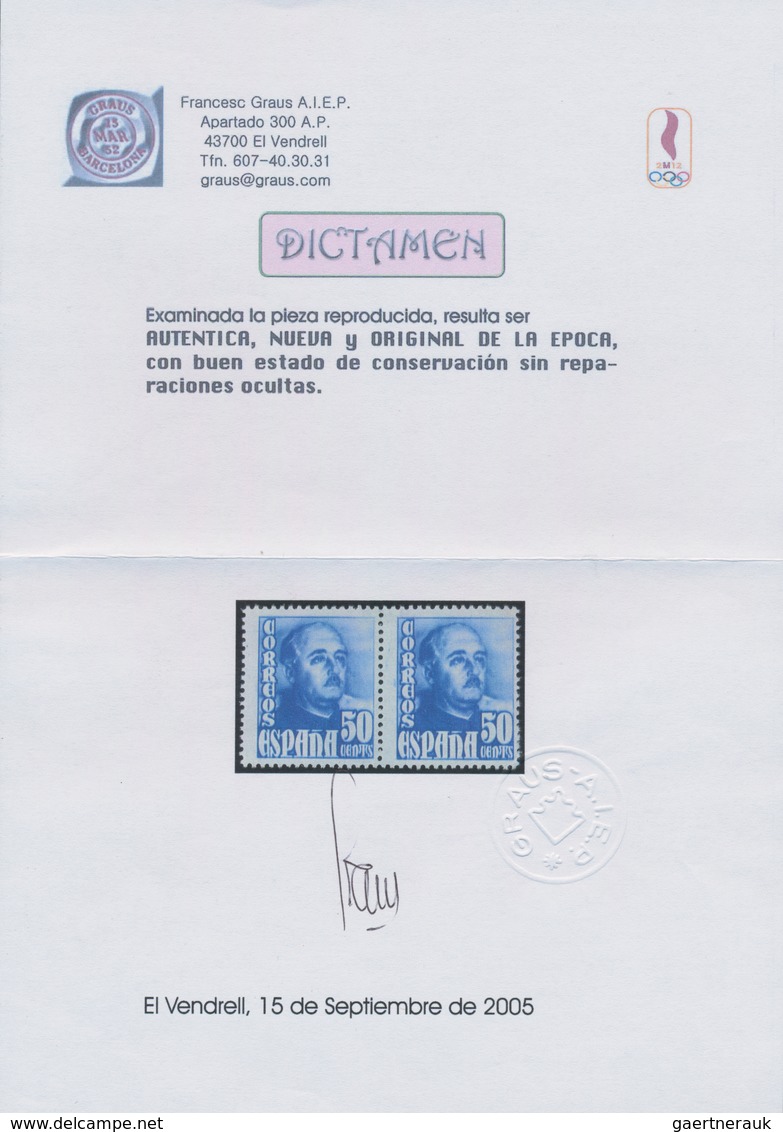 Spanien: 1948, Definitives "General Franco", 50c. Blue, Colour Essay, Horizontal Pair, Unmounted Min - Andere & Zonder Classificatie