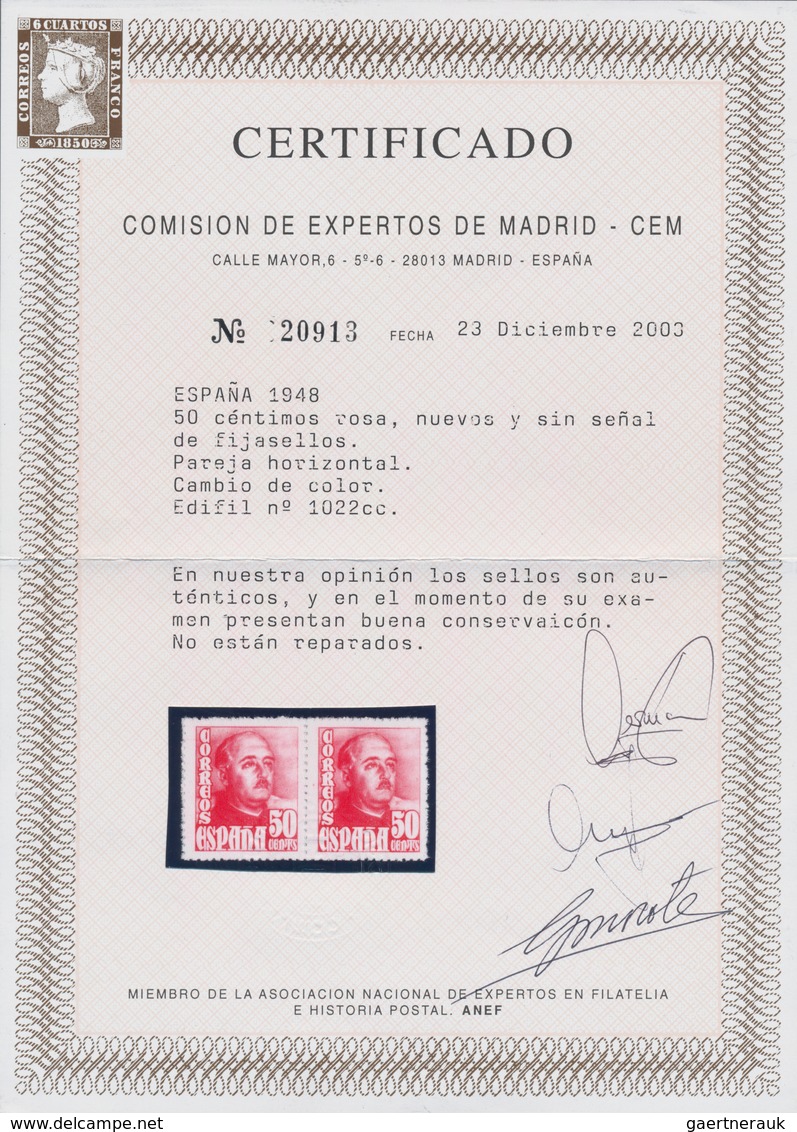 Spanien: 1948, Definitives "General Franco", 50c. Red, Colour Essay, Horizontal Pair, Unmounted Mint - Andere & Zonder Classificatie