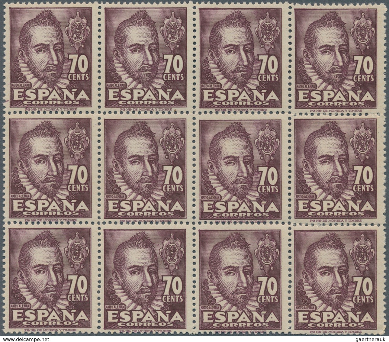 Spanien: 1948, Mateo Alemán 70c. Purple With Scarce Perf. 12¾ X 13 Block Of Twelve, Mint Never Hinge - Andere & Zonder Classificatie