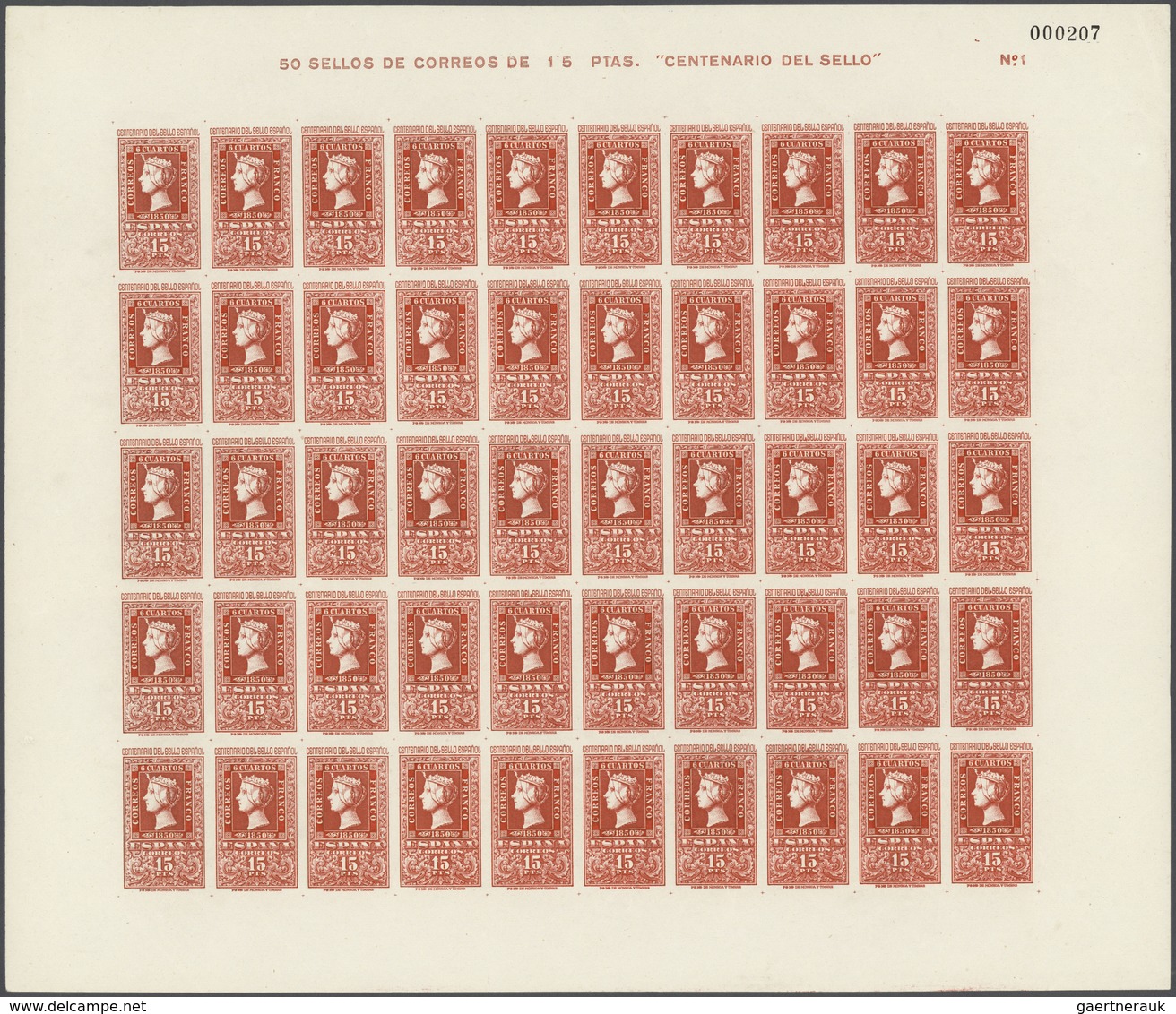 Spanien: 1950, Centenary Of Spanish Stamps, Complete Set Of Eight Values In Sheets Of 50 Stamps, Min - Andere & Zonder Classificatie