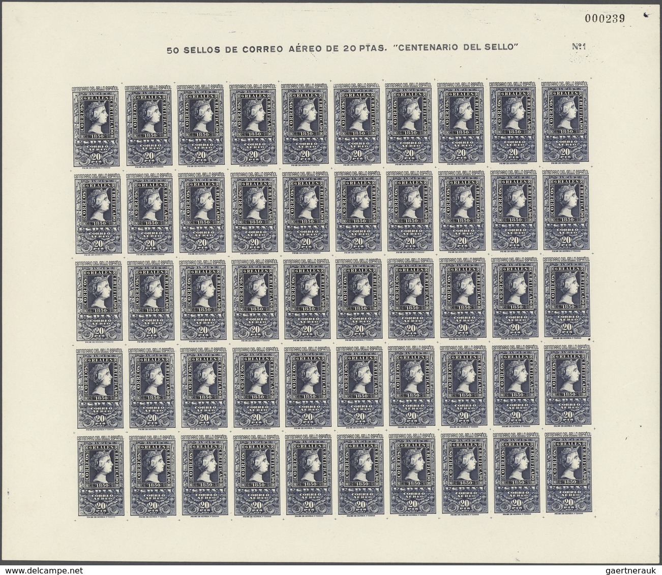 Spanien: 1950, Centenary of Spanish Stamps, complete set of eight values in sheets of 50 stamps, min