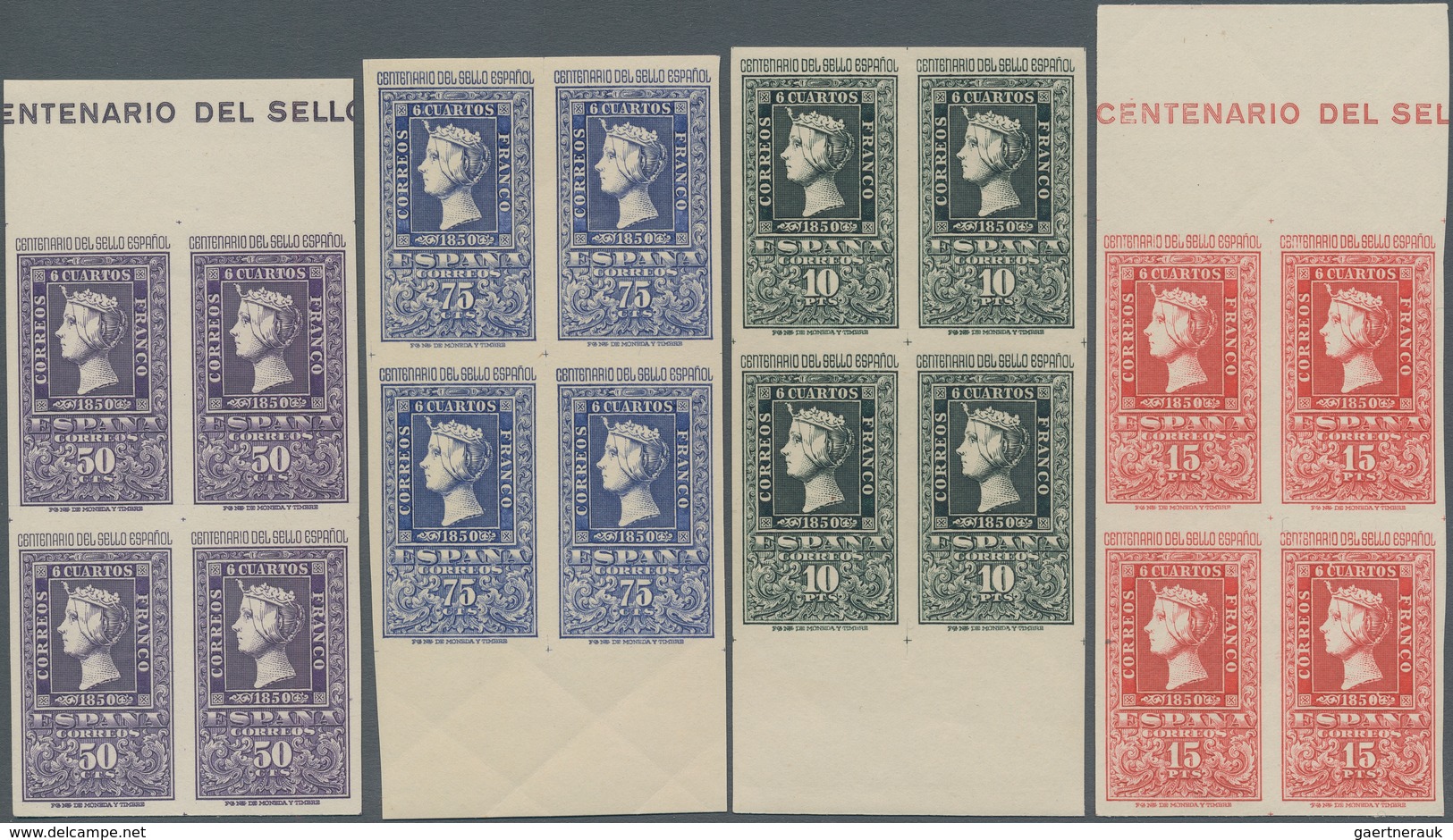 Spanien: 1950, Centenary Of Spanish Stamps, 50c.-25pts., Complete Set Of Eight Values In Marginal Bl - Andere & Zonder Classificatie