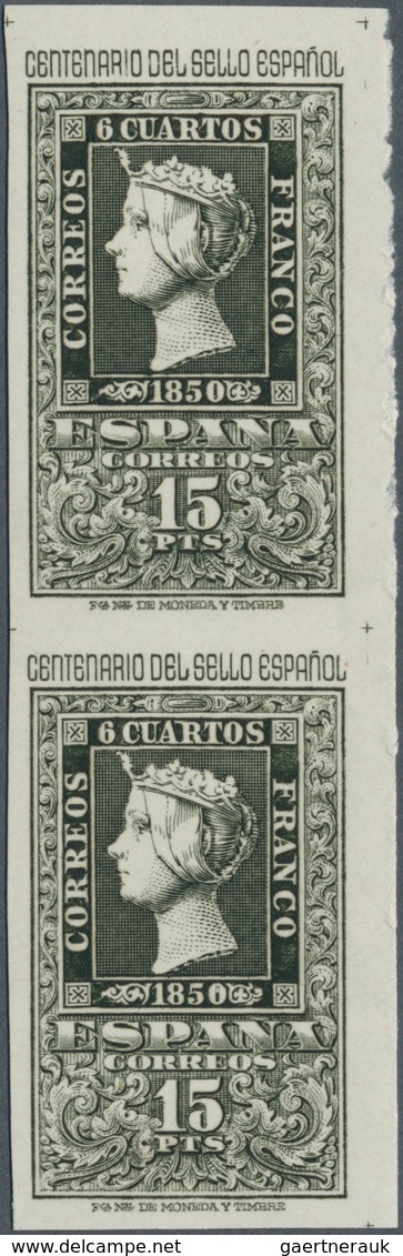 Spanien: 1950, Centenary Of Spanish Stamps, 15pts. Olive-grey, Colour Variety, Imperforate Vertical - Andere & Zonder Classificatie