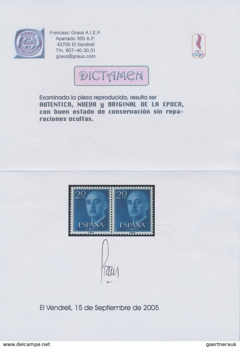 Spanien: 1955, Definitives "General Franco", 20c. Blue, Colour Essay, Horizontal Pair, Unmounted Min - Andere & Zonder Classificatie