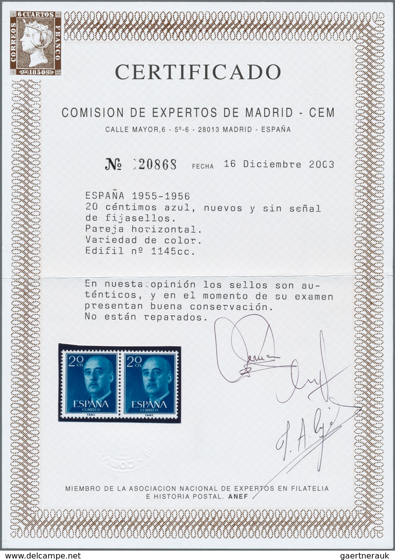 Spanien: 1955, Definitives "General Franco", 20c. Blue, 1pts. Blue And 5pts. Olive-green, Three Colo - Andere & Zonder Classificatie