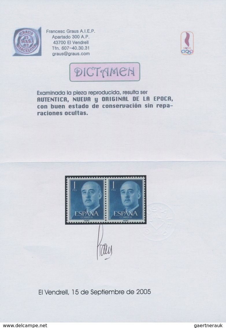 Spanien: 1955, Definitives "General Franco", 1pts. Blue, Colour Essay, Horizontal Pair, Unmounted Mi - Andere & Zonder Classificatie